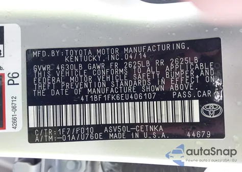2014 Toyota Camry Le z USA, uszkodzony, nr VIN 4T1BF1FK6EU406107